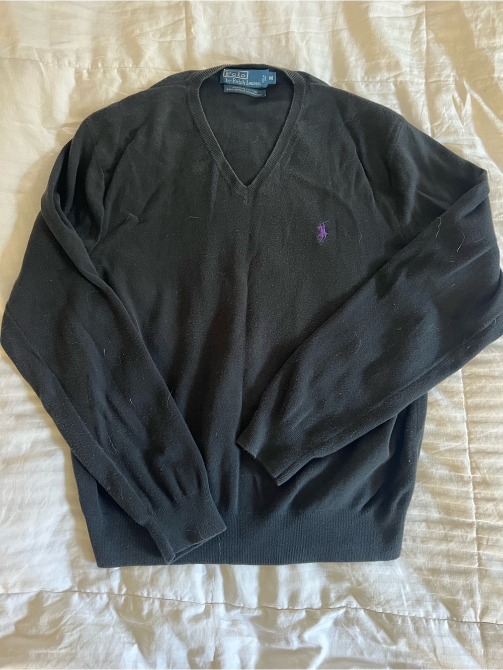 Ralph Lauren Men’s Black V-Neck Sweater with Purple Pony Logo